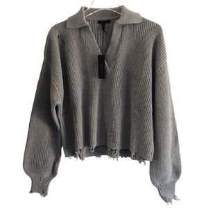 Bobi Black Los Angeles Sweater Distressed Heather Grey Collared V-neck Small
